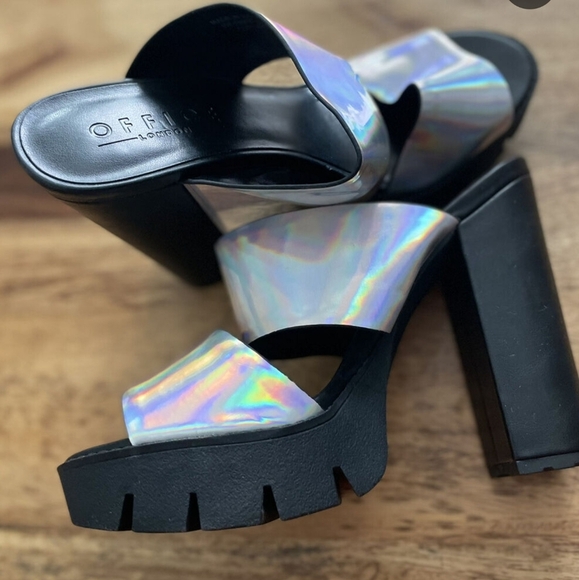 Office london silver holographic chunky sole platform mules heels sandals 39 - Picture 1 of 10